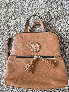 Women's Tan Leather Backpack Tote with Tassel Accent